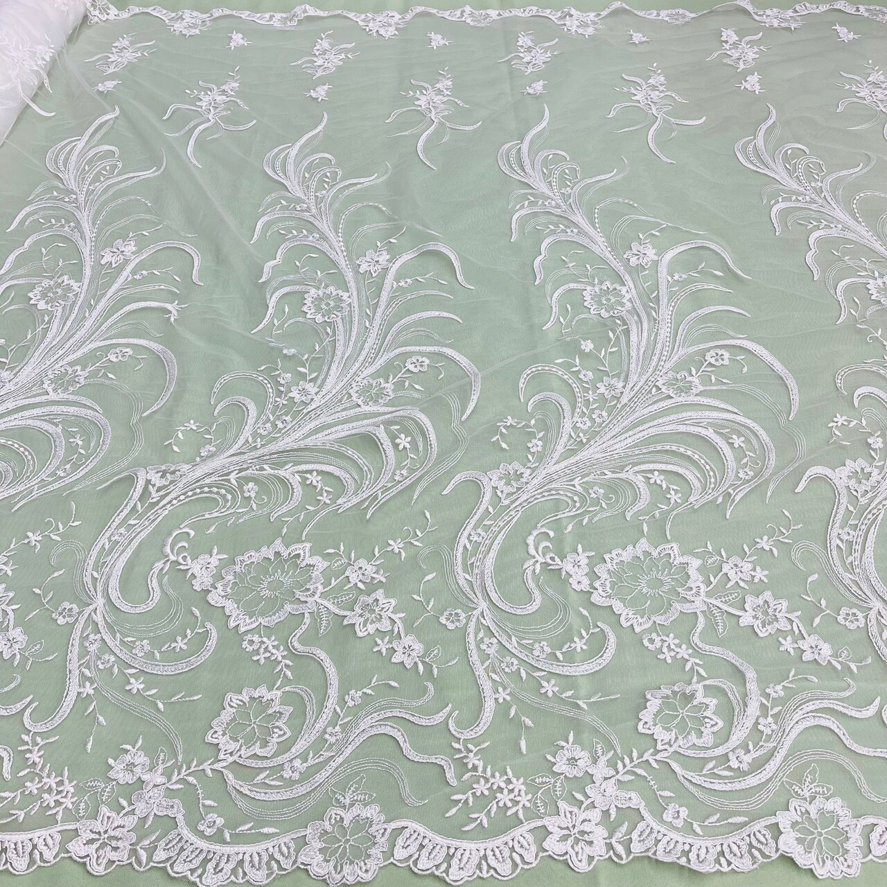 1 Yard Ivory Corded Bridal Lace Fabric Embroidered Elegant Mesh 54" Width